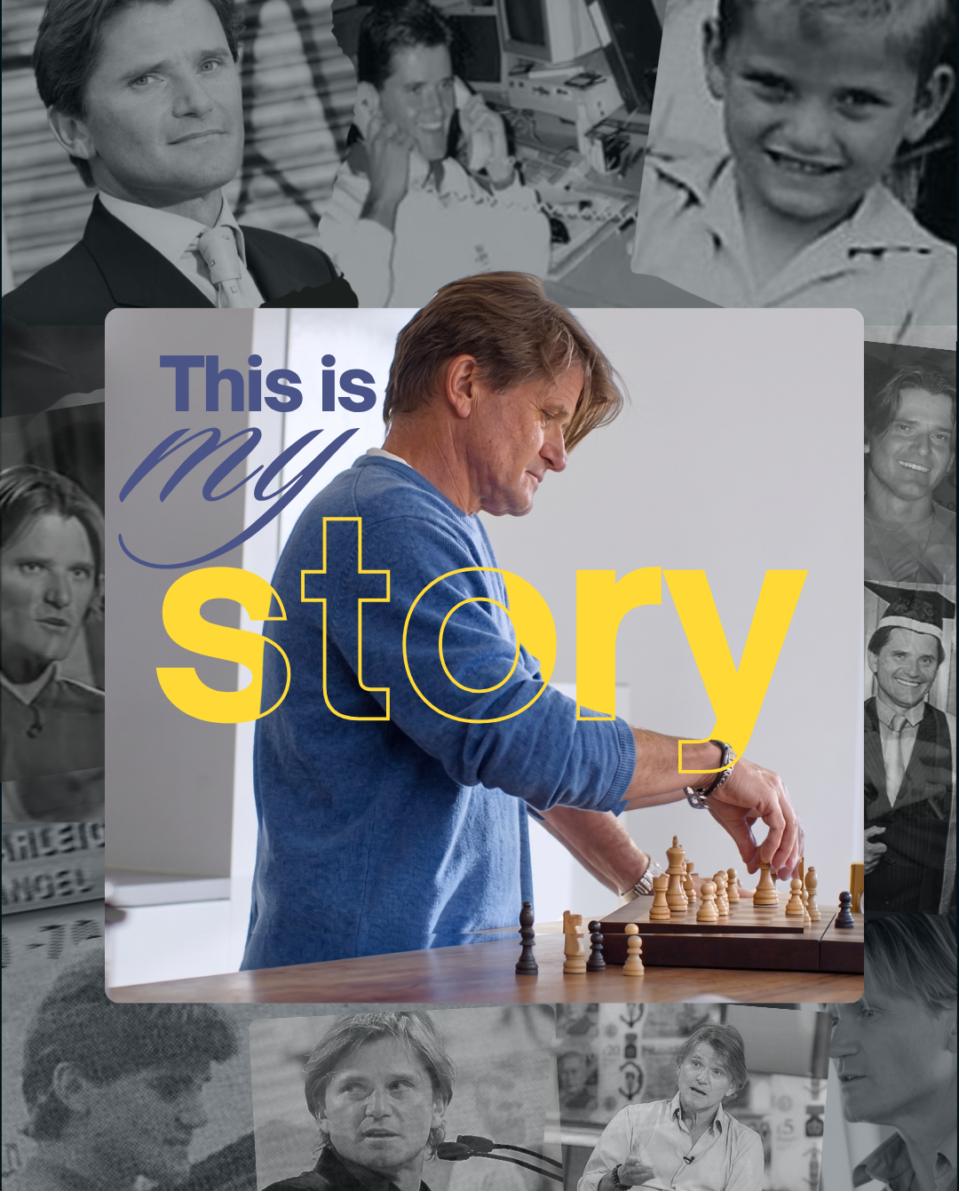 Richard Farleigh playing chess, set within a collage of archive photographs carrying the words This is my story